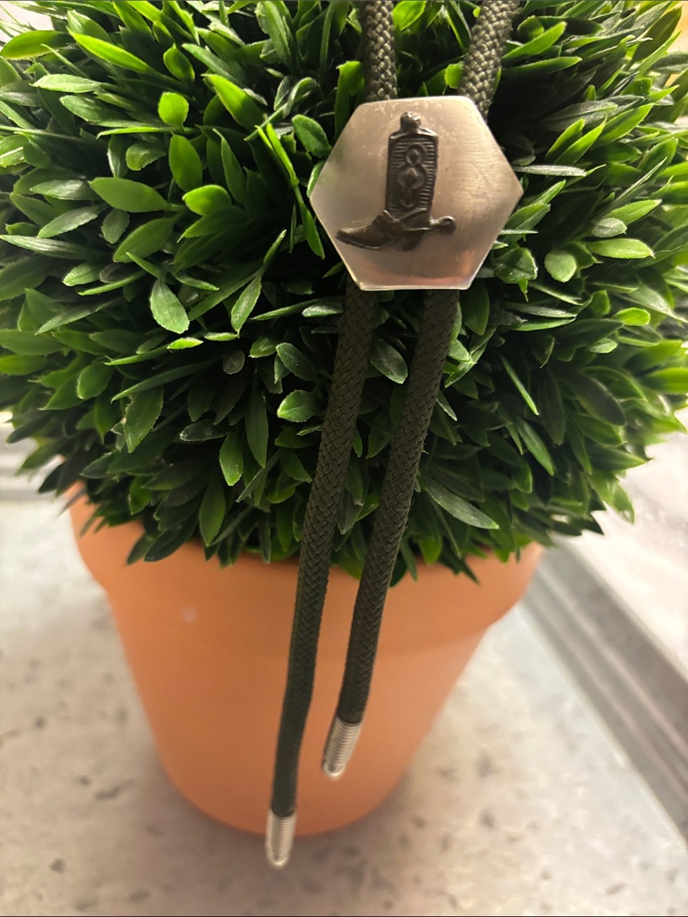 Women/Men Olive Green Bolo Tie with Silver Hexagon Accent
